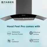 Faber 90 cm 1320 m³/hr Curved Glass Kitchen Chimney | 3 Layer Baffle Filter | Gravity Suction| Touch&Gesture Control | Oil Collector | 12 years warranty on Motor| Hood Feel Pro TC SC BF BK 90 | Black