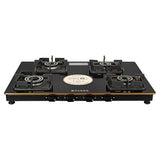 Faber Prince Plus 4BB BK 69cm 4 Burner Glass Cooktop with Brass Burners, Manual Ignition & Cast Iron Pan Support, Black