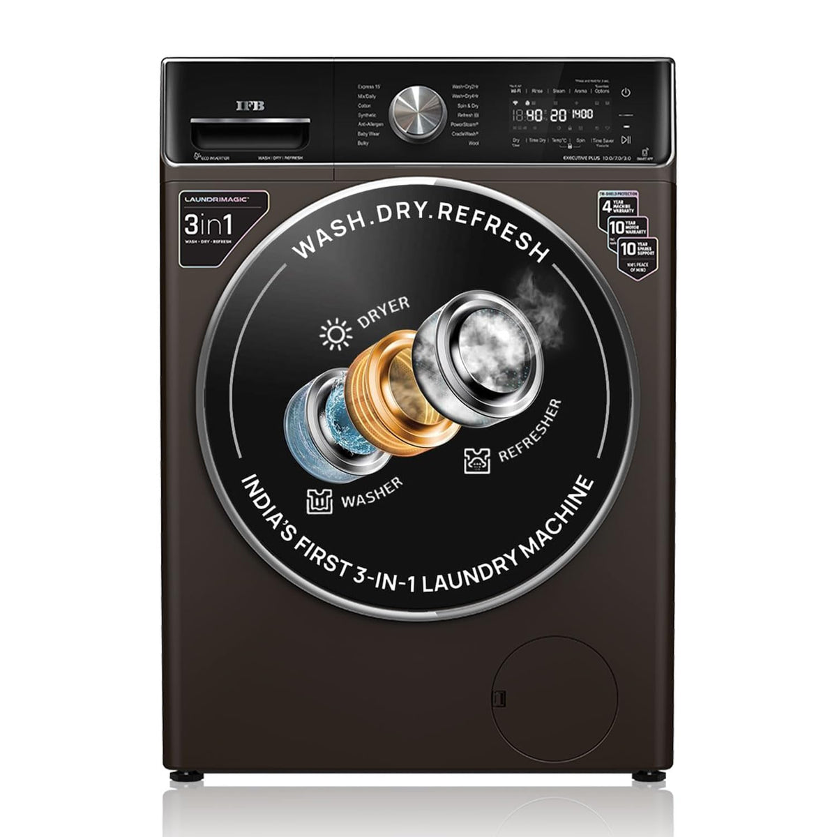IFB 10 Kg/7 Kg/3 Kg 3-in-1, AI Powered, Fully Automatic Washer Dryer Refresher (Laundrimagic®, EXECUTIVE PLUS ZXM, 9 Swirl Wash, Eco Inverter Technology, Mocha)