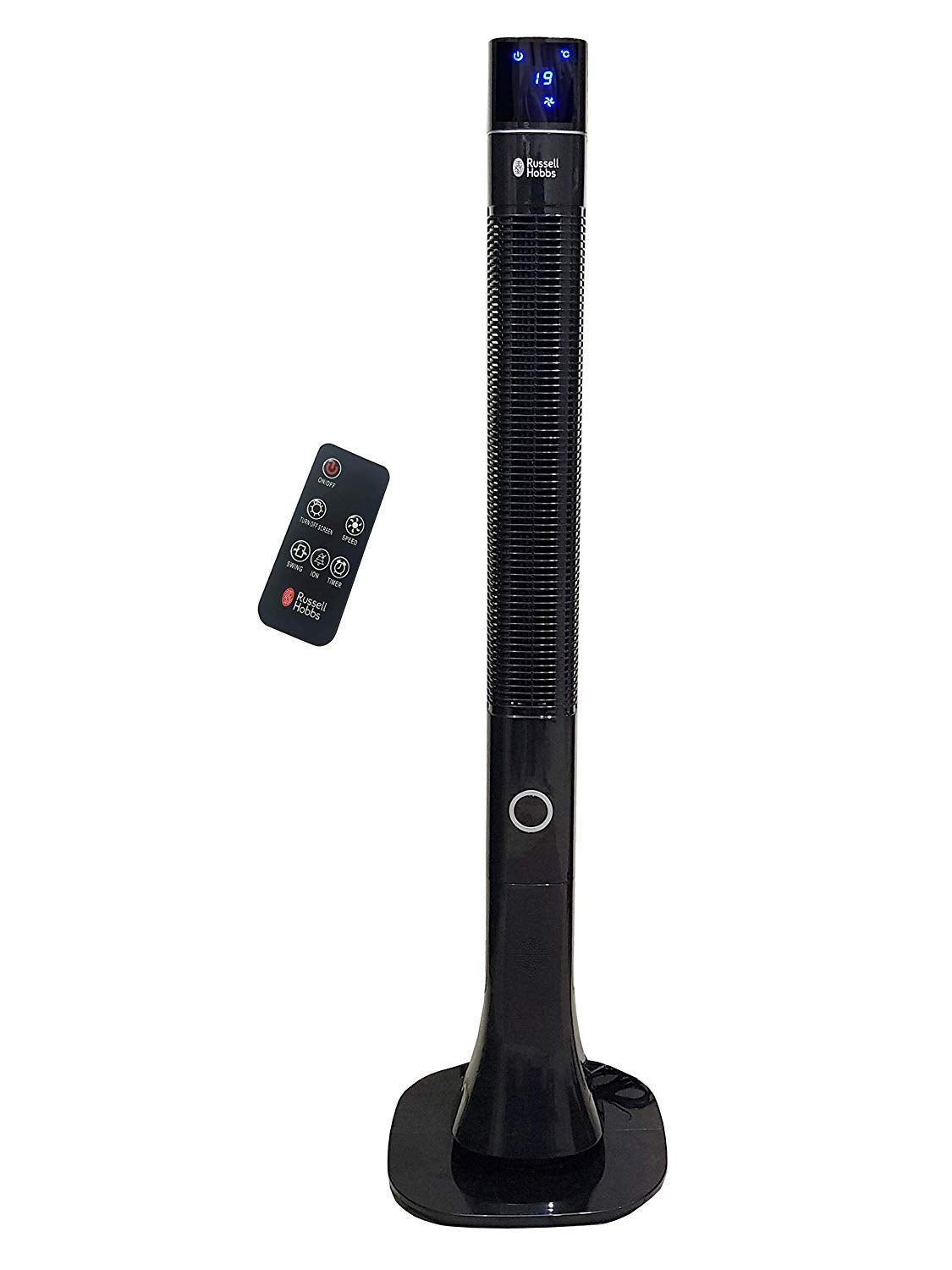 Russell Hobbs RTF4800 Tower Fan with Remote &amp; LED Display | 48" Body, 3-Speed Settings, 12-Hour Timer, Fresh Air Ionizer, Quiet DC Motor, 60W | High Air Delivery | Black