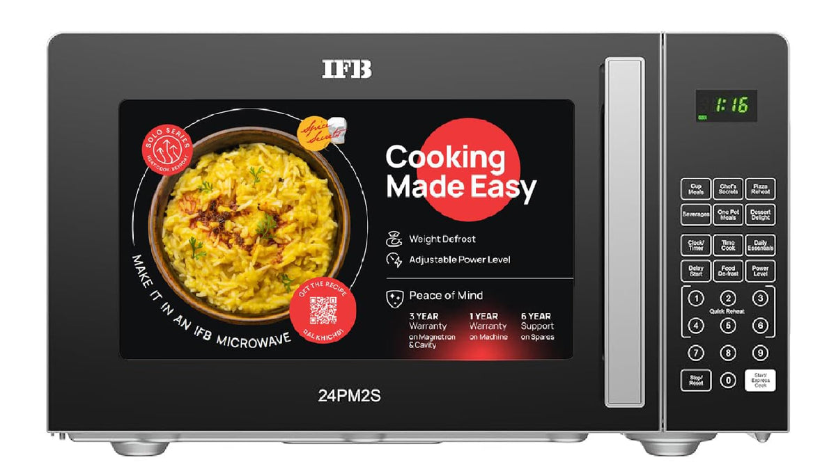 IFB 24L Solo Microwave Oven (24PM2S, Multi Stage Cooking with 69 Indian &amp; Continental Auto Cook Menus, Child-lock Protection, Deodorize function, Delay Start &amp; Power Save, black)