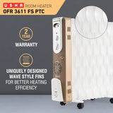 USHA 3611FS PTC 2500-Watt Oil Filled Radiator (White)