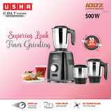 USHA Colt Prime Mixer Grinder| 500W| Powerful 100% Copper Motor| Rust Resistant Stainless Steel Jars &amp; Blades| Uniform Grinding with 3 Jars| 5 Years Motor Warranty