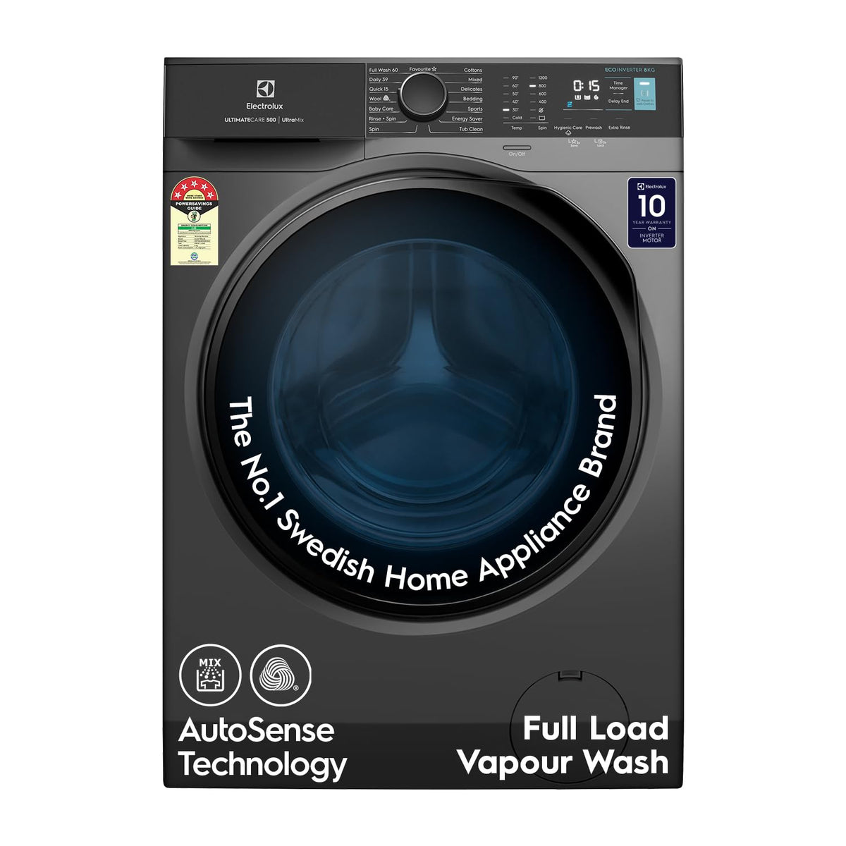 Electrolux 8kg 5 Star Fully Automatic Front Load Washing Machine with UltraMix, Full Load Vapour Wash for Sustainable Clothing, Hygienic Care, EcoInverter, Dark Silver, UltimateCare 500, EWF8024R5SB