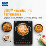 KENT Star Induction Cooktop 3000W | 6 Preset Menu | Full Microcrystalline Glass |Feather Touch Buttons &amp; LED Display |Milk Boiling &amp; Turbo Cooking Function | Overheat Protection &amp; Auto Turn-Off| Black