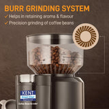 KENT Coffee Bean Grinder 150 W | Burr Grinding System Maintains Flavour &amp; Aroma | 30 Adjustable Grinding Settings | Choice of 2 to 14 Cups of Fresh Grounded Coffee | 500 RPM 100% Copper Motor | Black