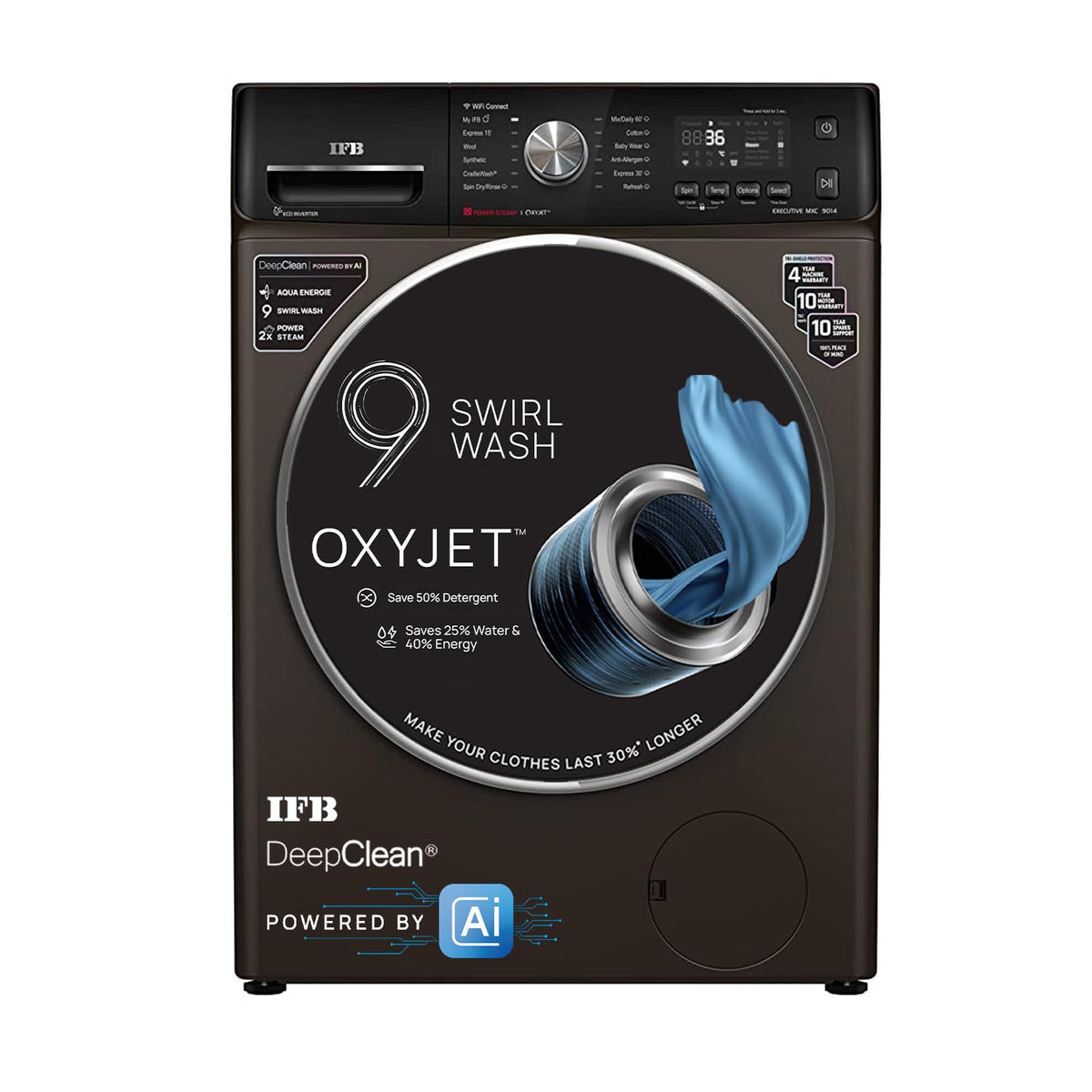 IFB 9 Kg 5 Star AI Eco Inverter Fully Automatic Front Load Washing Machines with Wifi (EXECUTIVE MXC 9014 SSLC, Mocha, Oxyjet™ 9 Swirl Wash, 4 Years Comprehensive Warranty)