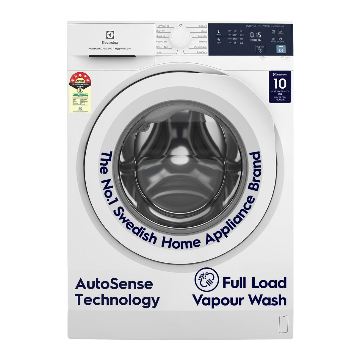Electrolux 9kg 5 Star EcoInverter Fully Automatic Front Load Washing Machine, Full Load Vapour Wash for Sustainable Clothing, Hygienic Care, White, UltimateCare 300, EWF9024D3WB