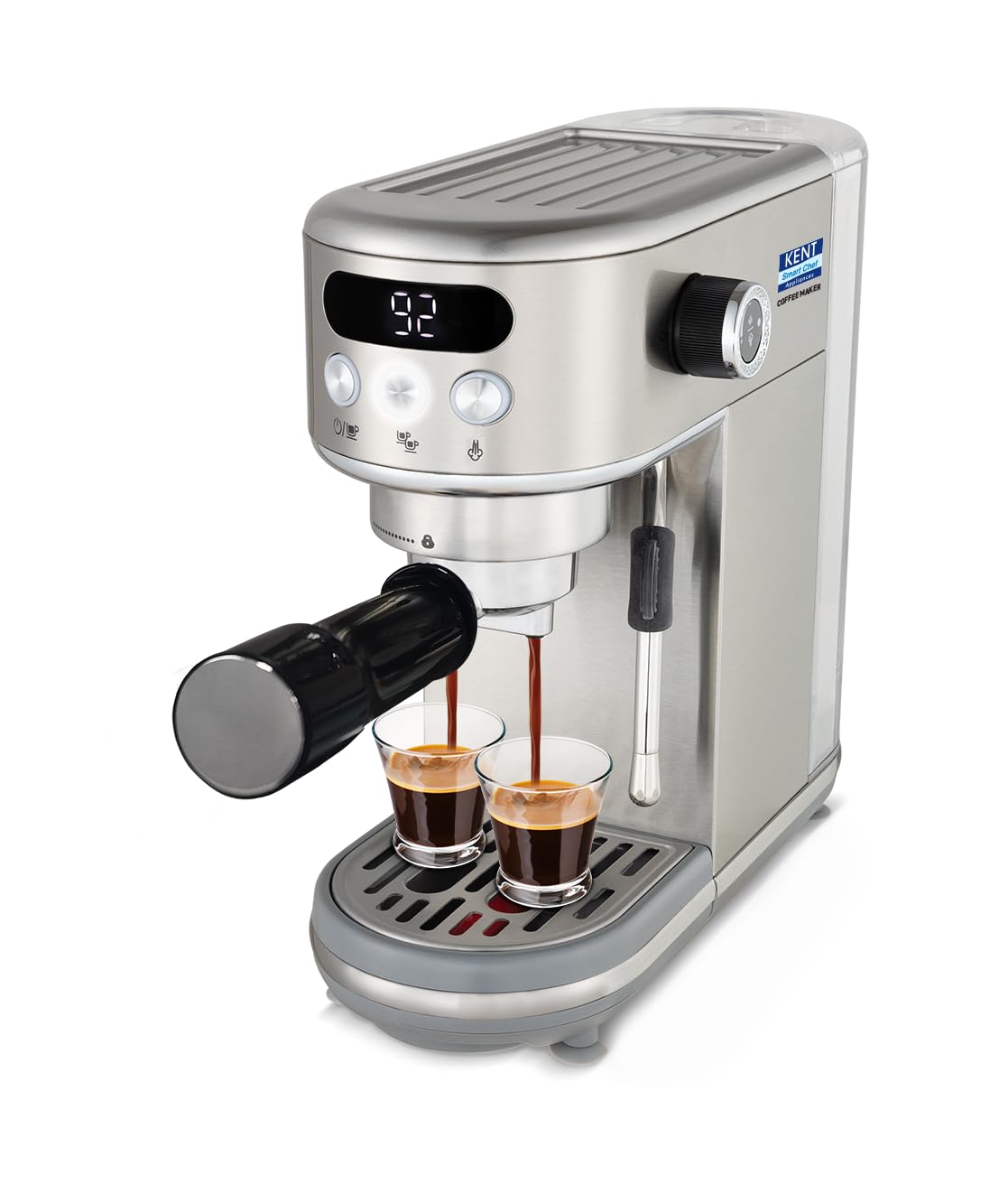KENT Coffee Maker 1400 W | Makes Two Cups of Coffee at a Time | High Pressure 20 Bar Italian Pump for making Cappuccinos &amp; Lattes | In-Built Steamer for Frothing | SS Body | Suitable for Ground Coffee