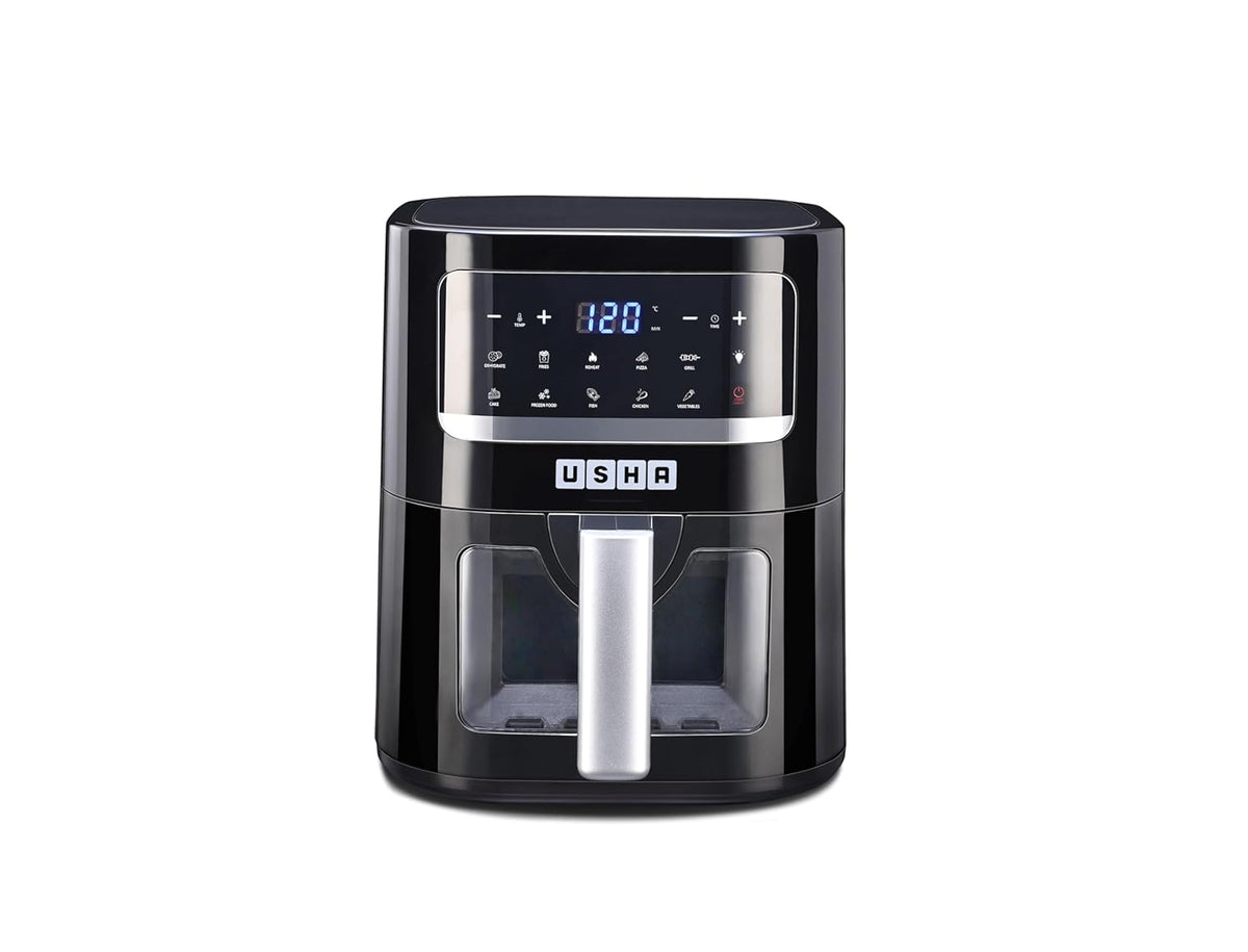 USHA Ichef Smart Air Fryer 4.5L,10 In 1 Functions10 Preset Menu|Digital Display&amp;Touch Panel|Transparent Window|Illuminated Chamber|Turbo Air Circulation|Oil Free Cooking|Auto Pause/Start(Black),1350W
