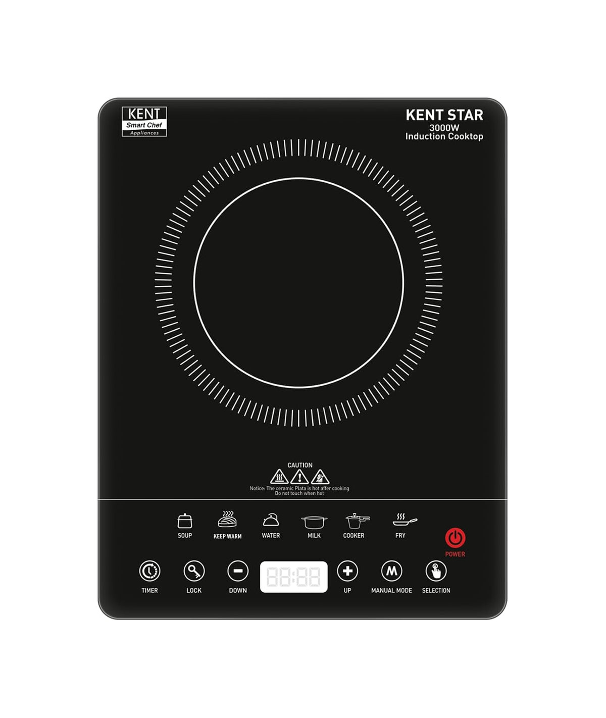 KENT Star Induction Cooktop 3000W | 6 Preset Menu | Full Microcrystalline Glass |Feather Touch Buttons &amp; LED Display |Milk Boiling &amp; Turbo Cooking Function | Overheat Protection &amp; Auto Turn-Off| Black