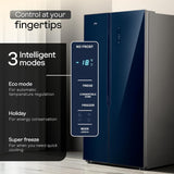 Godrej 600L 3Star | 1+2 Year Additional Warranty | Smart Convertible Zones | Toughened Glass Door | Frost Free Inverter Side By Side Refrigerator (2025 Model, RS EONVELVET 646C RIT SM BL, Storm Blue)