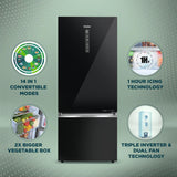 Haier 325 Litres 2 Star Convertible 14-in-1 Triple Inverter &amp; Fan Motor Technology, with Display Frost Free Double Door Refrigerator (HRB-3752PKG-P Black Glass, 2024 Model)