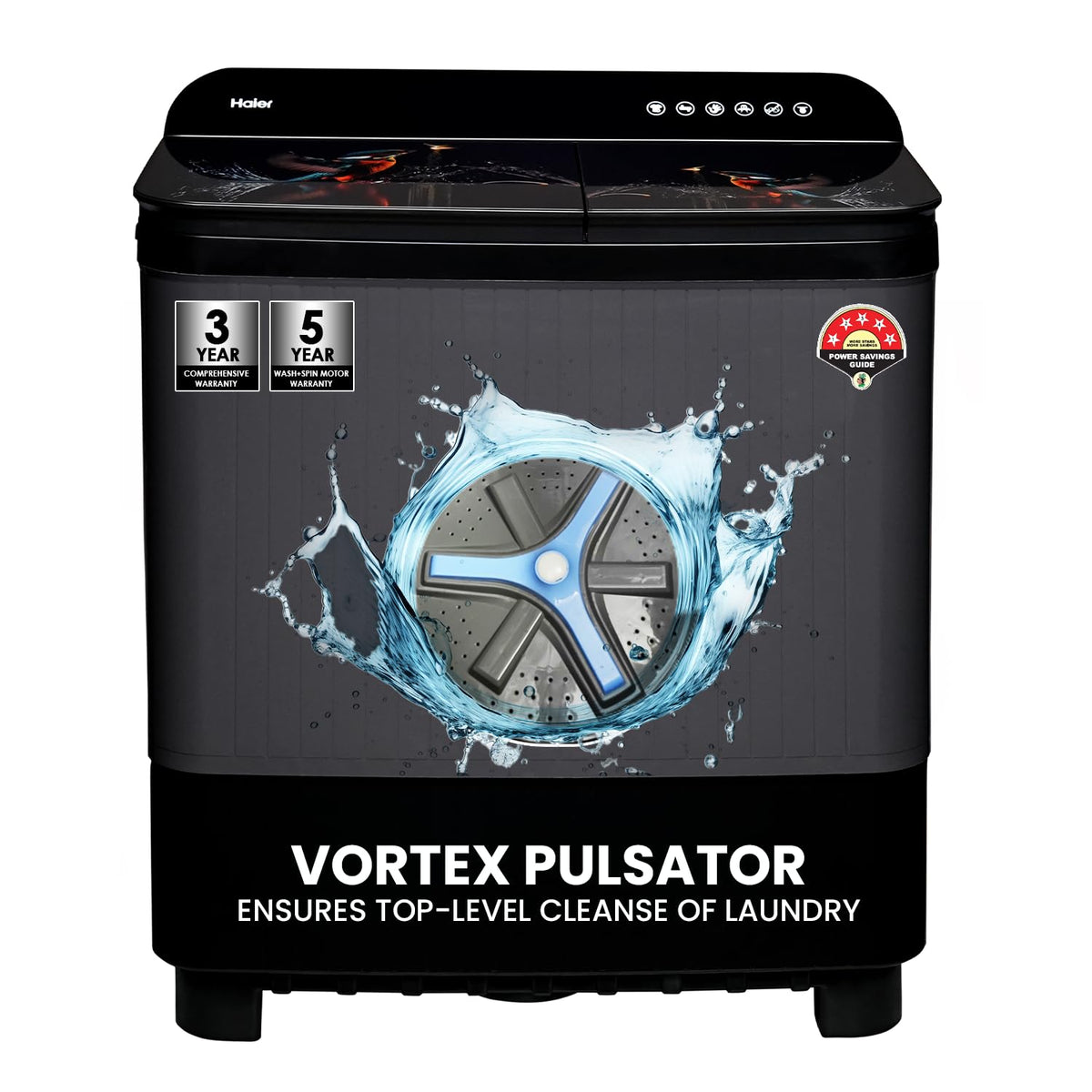 Haier 11 Kg 5 Star Toughened Gas Softfall Technology Semi Automatic Top Loading Washing Machine (HTW110-178FL, Anti Bacterial Vortex Pulsator, Magic Filter, Rat Mesh, Digital Printing Lid, Black)