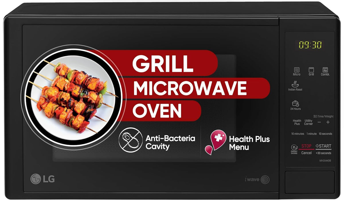 LG 20 L Grill Microwave Oven (MH2044DB, Black, Quartz Heater, I-Wave Technology, Indian Cuisine, Auto Cook Menu, Steam Clean, Anti-Bacterial Cavity &amp; Health plus Menu)