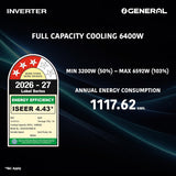 GENERAL 1.8Ton BEE 2026 3 Star Rated,Inverter Split AC(White,Copper,6400W,Powerful Cooling,15m Long Reach Airflow,4 Way Swing,55°C Max,Suitable for 200~250 Sft,Free Standard Installation),-ASGG22CNWA-B