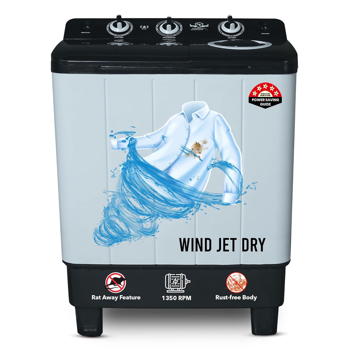 Power Guard 6.5 kg 5 Star Semi-Automatic Top Loading Washing Machine Appliance (PG65WMBKOP)