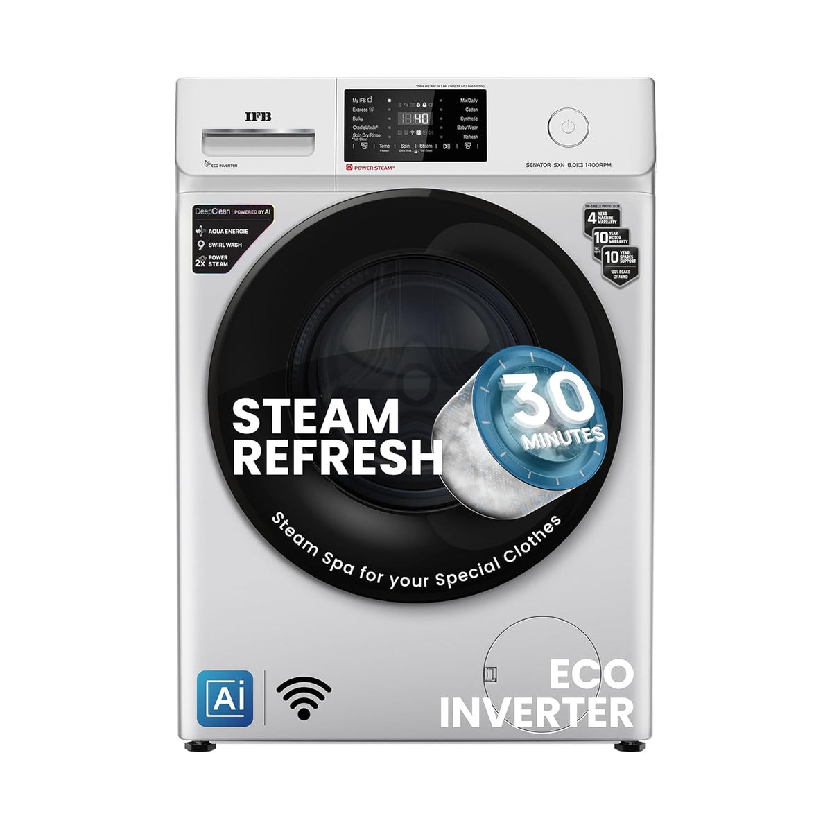 IFB 8 Kg 5 Star Powered by AI with 9 Swirl Wash, WiFi, Fully Automatic Front Load Washing Machine (Senator SXN 8014, Steam Refresh Program with Eco Inverter, Rich Silver)