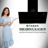 Faber 90cm 1350 m3/hr Autoclean Slant Chimney, Filterless, Lifetime on Motor, 5Yr Comprehensive Warranty, (ZENITH FL HC SC BK IN 90,Touch &amp; Gesture Control,Black)