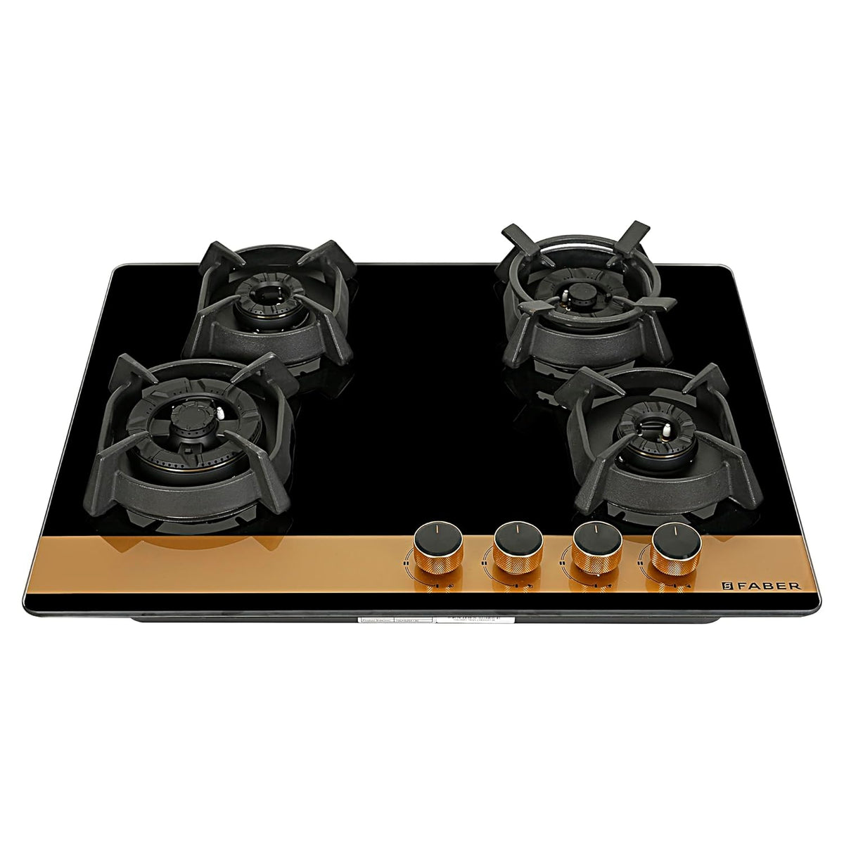 Faber 70cm 4Burner Gas Hob | Flame Failure Device | Cast Iron Pan Support | Metal Knobs | Dual Flame Burner | 8mm Toughened Black Glass | Versatile Hob/Cooktop | Hob Utopia Pro HT 704 BR CI