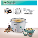 USHA RC18GS2 Steamer 700 Watt Automatic Rice Cooker 1.8 Litres with Powerful Heating Element, Keep Rice Warm for 5 Hrs, 2 Cooking Pans, Steamer, Trivet Plate &amp; more accessories, 5 Yrs Warranty (White)