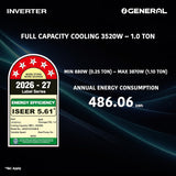 GENERAL 1 Ton BEE 2026 5 Star Rated, Inverter Split AC (ASGG12CGAB-B, White, Copper, 3520W, Powerful Cooling, 10m Long Reach Airflow, 55°C Max, Suitable for 120~150 Sft, Free Standard Installation)