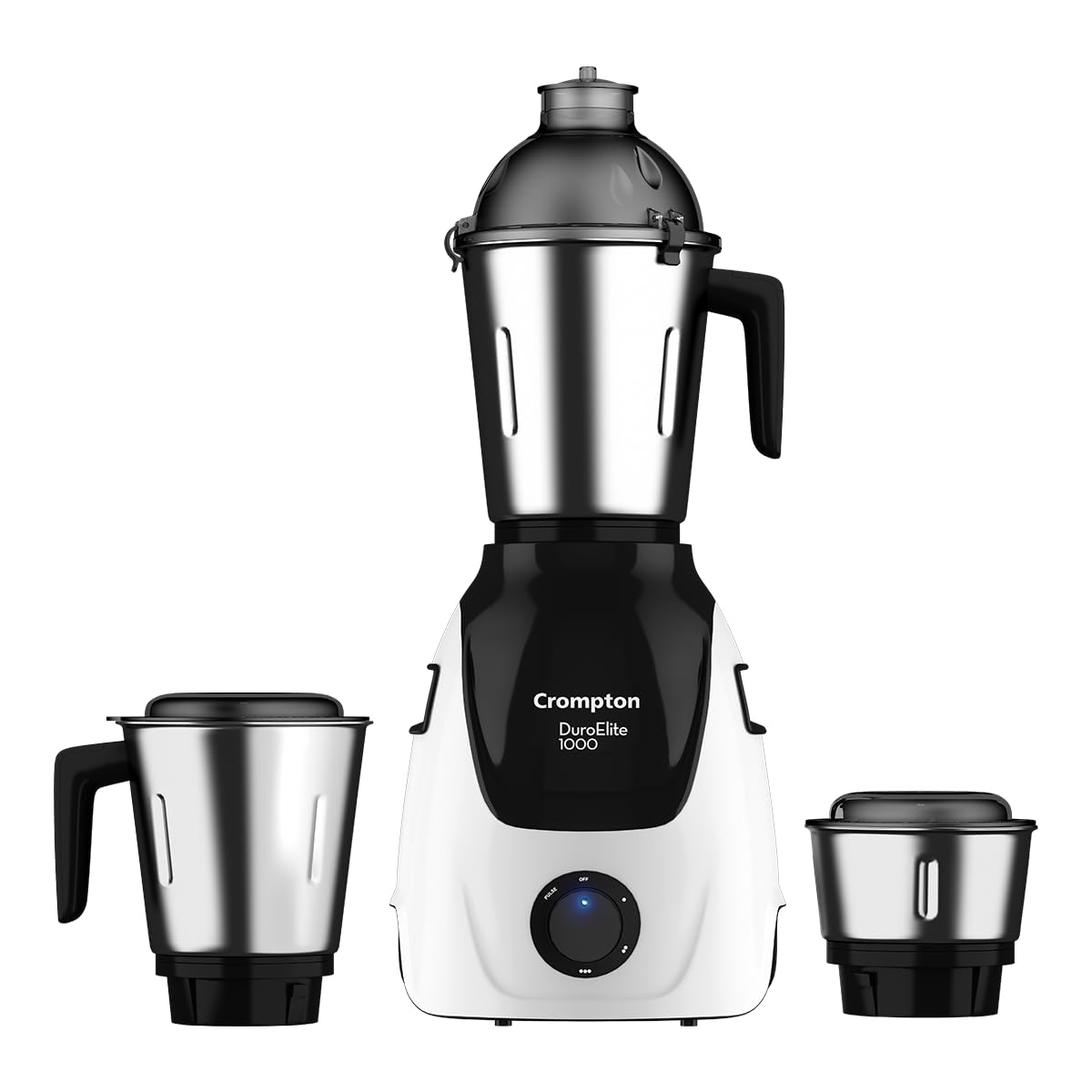 Crompton Duroelite 1000 watts 3 jar | Mixer Grinder | 100% copper motor | Ball bearing | Metal jar base | LED speed indicator | Lid lock design | Black and white