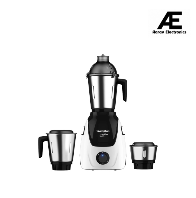 Crompton Duroelite 1000 watts 3 jar | Mixer Grinder | 100% copper motor | Ball bearing | Metal jar base | LED speed indicator | Lid lock design | Black and white