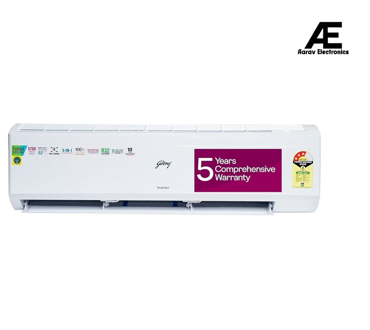 Godrej 1.7 Ton 3 Star, 5 Years Comprehensive Warranty, 5-In-1 Convertible Cooling, Inverter Split AC (Copper, Turbo Cooling at 52°C, 2024 Model, SIC 20ITC3-WYR, White)