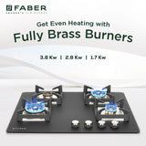 Faber Bella HT 704 BR AI Hobtop – 70 cm, 4 Full Brass Burners | Auto Ignition | Black Toughened Glass | Heavy-Duty Cast Iron Support | Modern Kitchen Elegance