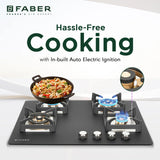 Faber Bella HT 704 BR AI Hobtop – 70 cm, 4 Full Brass Burners | Auto Ignition | Black Toughened Glass | Heavy-Duty Cast Iron Support | Modern Kitchen Elegance