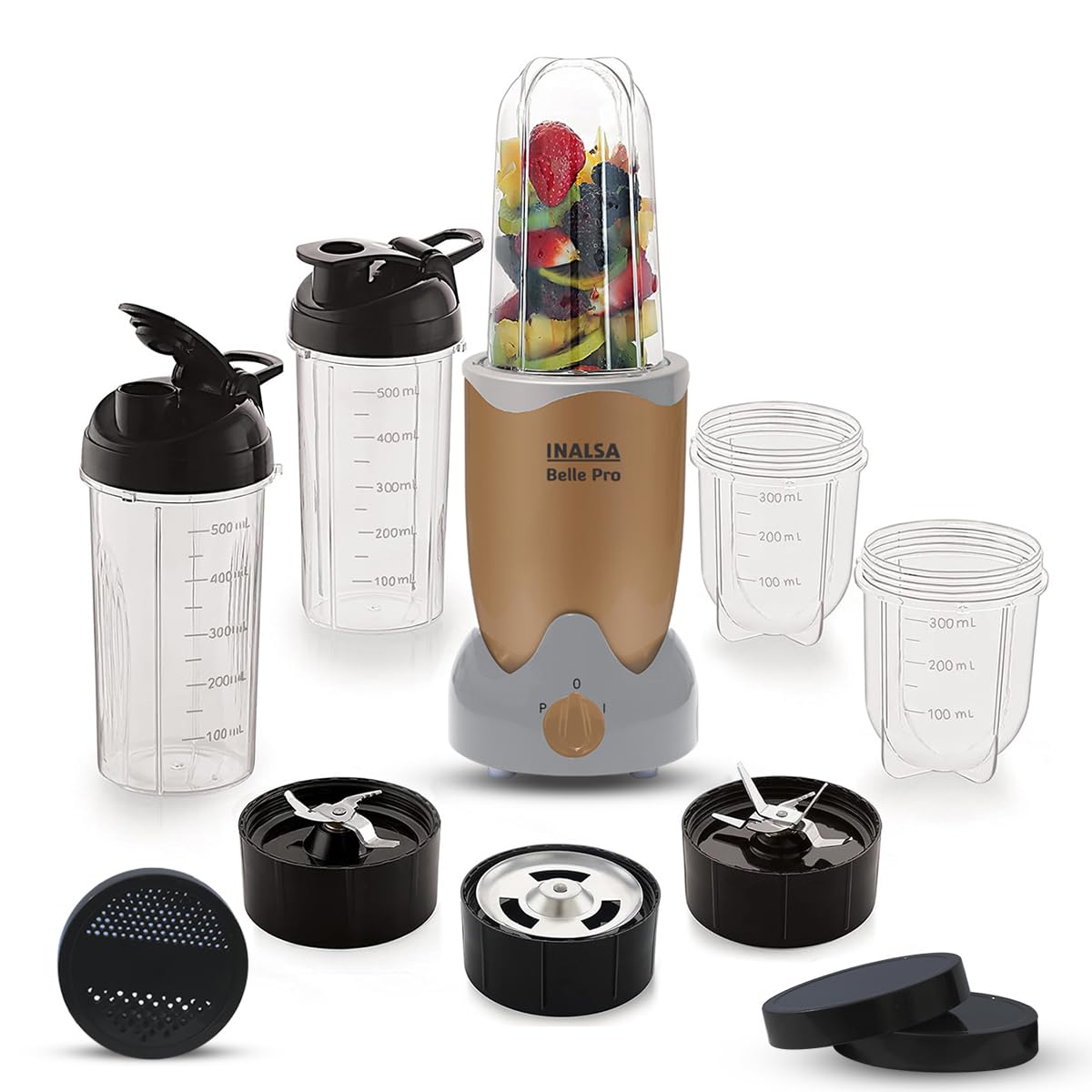 INALSA Bullet Mixer Grinder|5 Jar include 2 Storage Jar For Smothies,Coffee,Dry fruits &amp; Wet Grinding|600 W, Copper Motor|3 Blades Including Froth Blade with 2 Sipper &amp; 1 Seasoning Cap|2 Yr Warranty