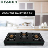 Faber 3 Burner Gas Cooktop with Brass Burners, Manual Ignition & Tempered Black Glass – HOB COOKTOP DAISY 3BB BK
