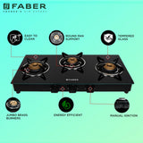 Faber 3 Burner Gas Cooktop with Brass Burners, Manual Ignition & Tempered Black Glass – HOB COOKTOP DAISY 3BB BK