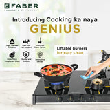 Faber 70 cm 4 Burner Gas Cooktop with Brass Burners, Manual Ignition, Toughened Glass & Easy-Clean Liftable Burners – HOB COOKTOP GENIUS 704 BK