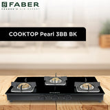 Faber 77 cm 3 Burner Gas Cooktop with Brass Burners, Manual Ignition & Toughened Black Glass – HOB COOKTOP PEARL 3BB BK