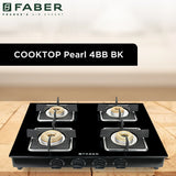Faber 4 Burner Gas Cooktop with Brass Burners, Manual Ignition & Toughened Black Glass – HOB COOKTOP PEARL 4BB BK