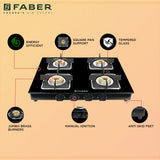 Faber 4 Burner Gas Cooktop with Brass Burners, Manual Ignition & Toughened Black Glass – HOB COOKTOP PEARL 4BB BK