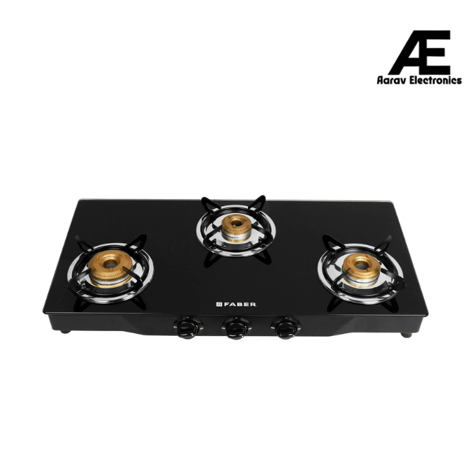 Faber Jumbo 3 Brass Burner Cooktop | 1 Jumbo, 1 Medium, 1 Small | Drip Tray | Toughened Glass | Manual Ignition | Ergonomic Knobs | Anti-Leak Tech | Powder Coated Frame | Jumbo 3BB BK