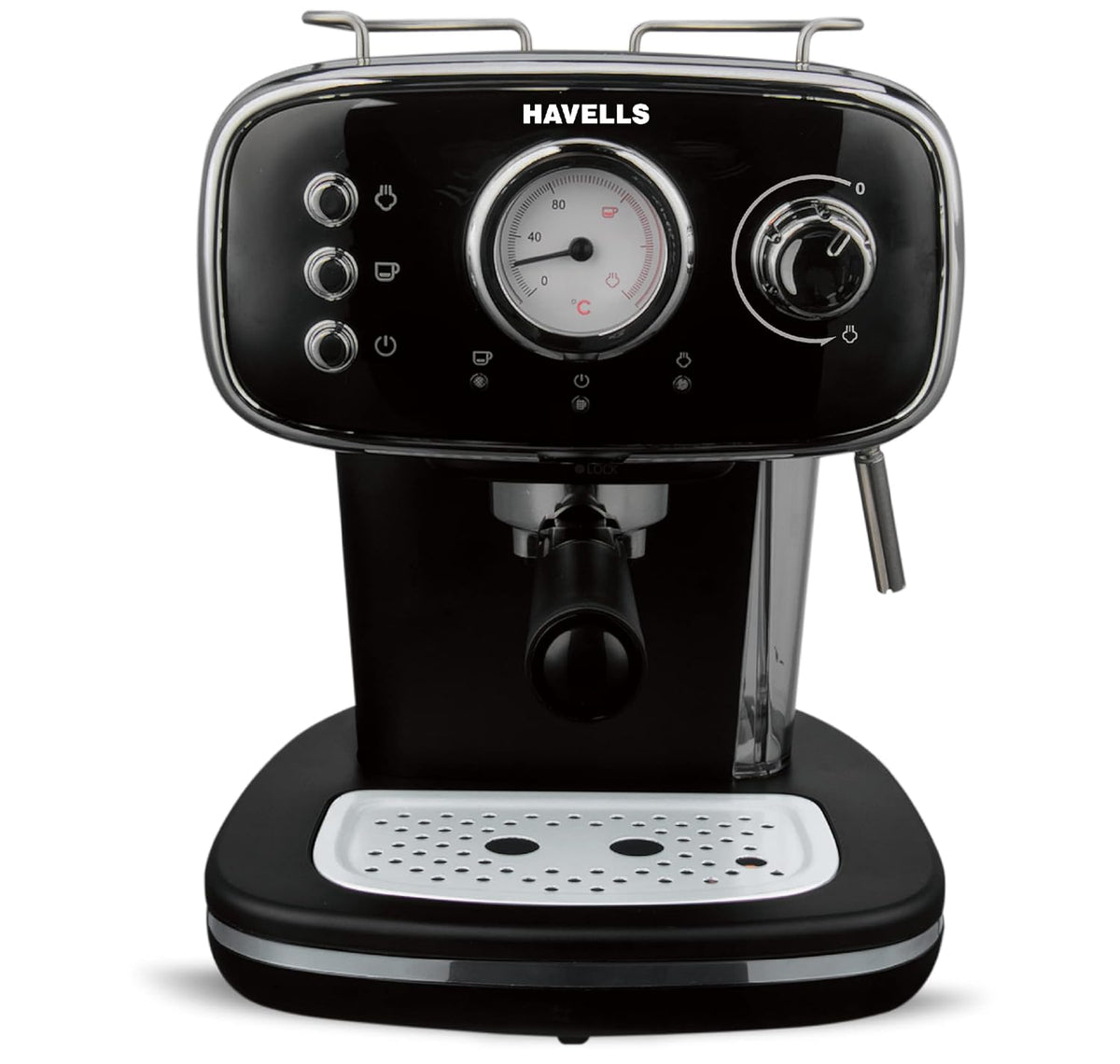 Havells Corretto Coffee Maker 1100W (GHBCMBAK110) | 15 Bar Espresso Machine with Frother, Thermometer Display & Twin Brewing