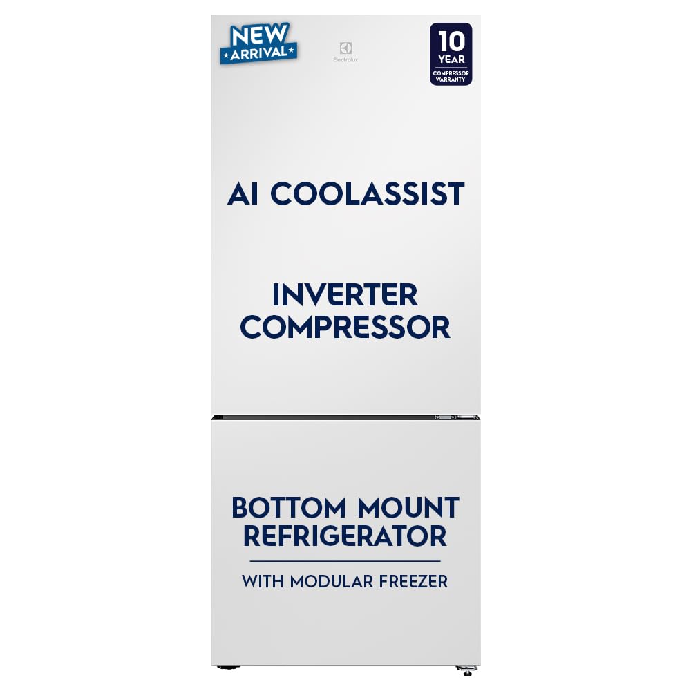 Electrolux 425L 1 Star Double Door Refrigerator with AI CoolAssist, Bottom Mount Freezer, GreenZone Technology, Cooling 360, Inverter, Frost Free, UltimateTaste 700, EBE4302C-W, White