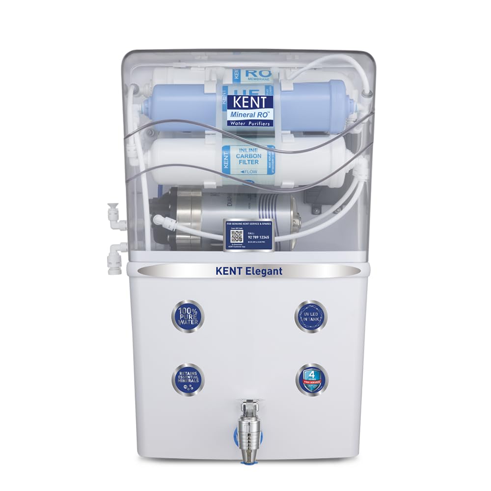 KENT Elegant RO Water Purifier | 4 Years Free Service | ISI Marked | Multiple Purification Process | RO + UF + TDS Control + UV LED Tank | 8L Tank | 15 LPH Flow | White