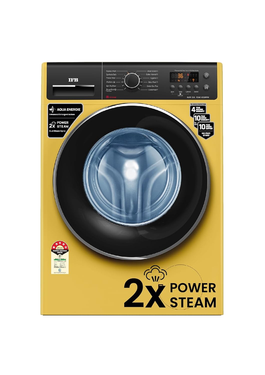 IFB 7 Kg 5 Star Front Load Washing Machine 2X Power Steam (ELITE ZLS 7012, Yellow, In-built Heater, 4 years Comprehensive Warranty)