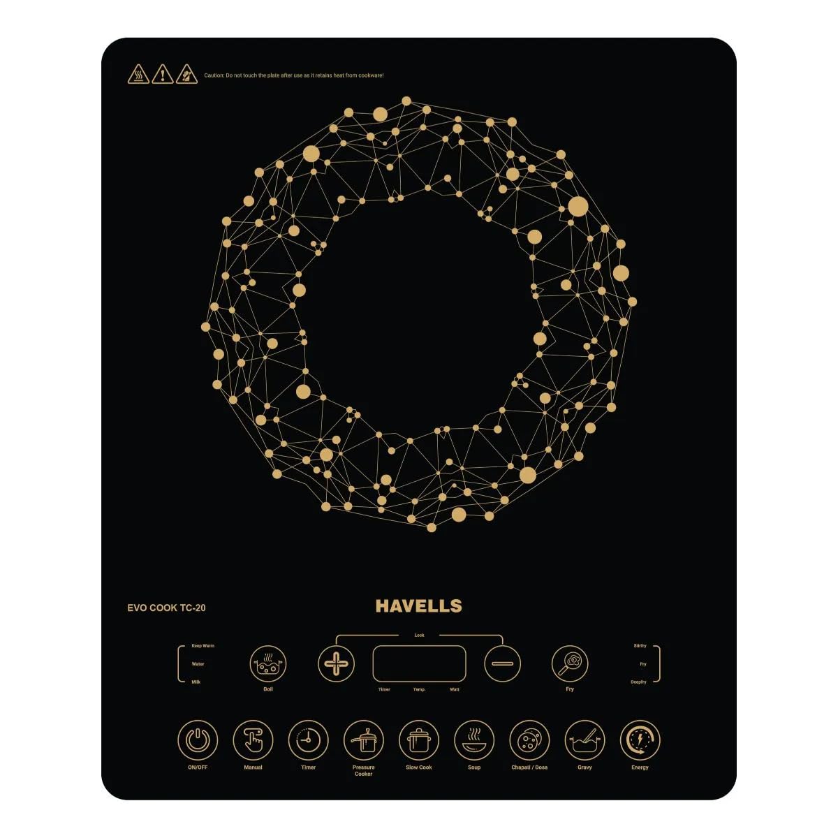Havells EVO Cook TC20 Energy Efficent Induction (Black-grey), 2000Watt, with 8 Cooking Option, Auto Pan Detection Sensor &3 Year Coil Warranty, Child Lock, 10 Power Setting (200W-2000W)
