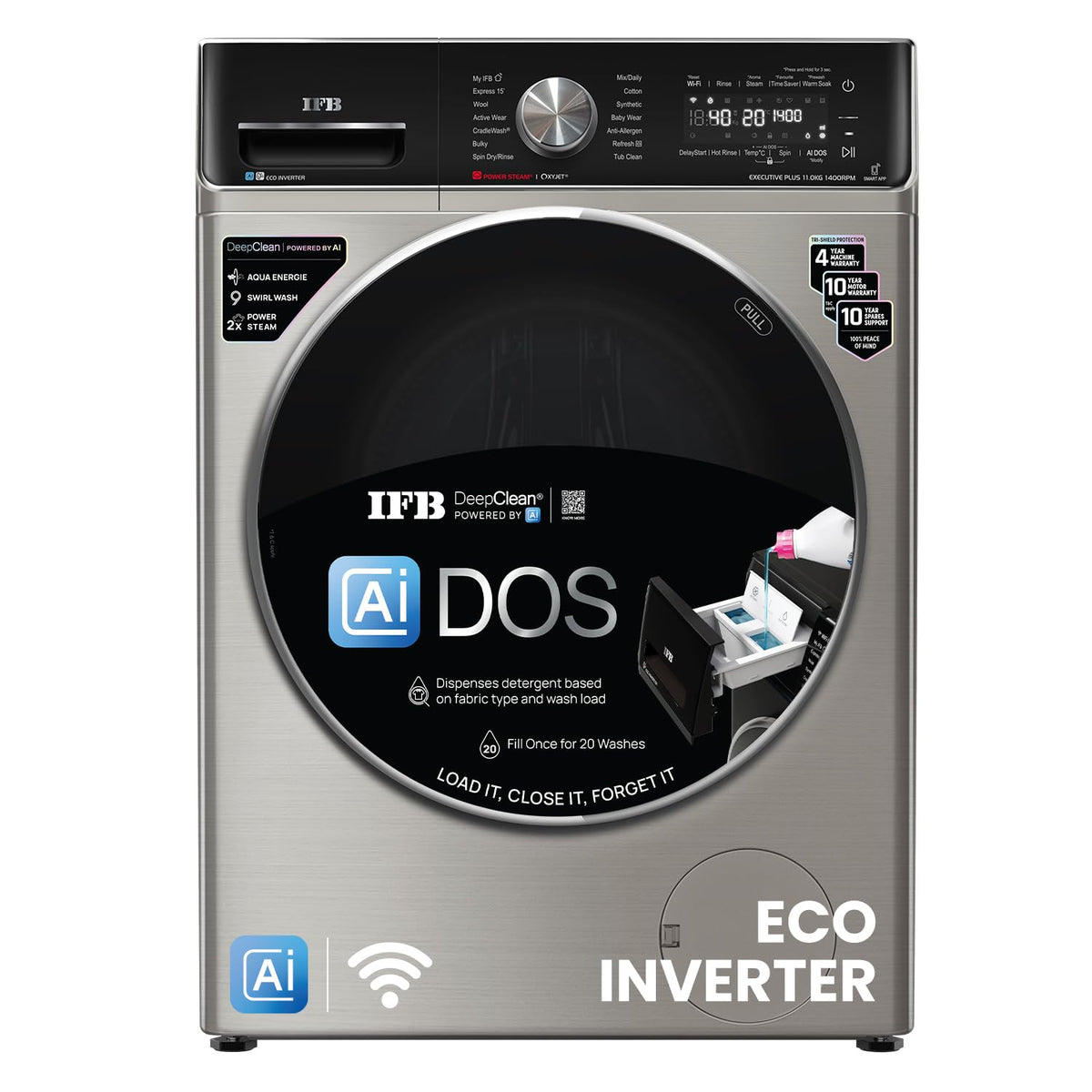 IFB 11 Kg 5 Star, DeepClean®, AI DOS, WiFi, Fully Automatic Front Load Washing Machine (EXECUTIVE PLUS VSG 1114, PowerSteam®, Oxyjet, 9 Swirl, Steam Refresh, Inbuilt Heater, Eco Inverter, SUS VCM)