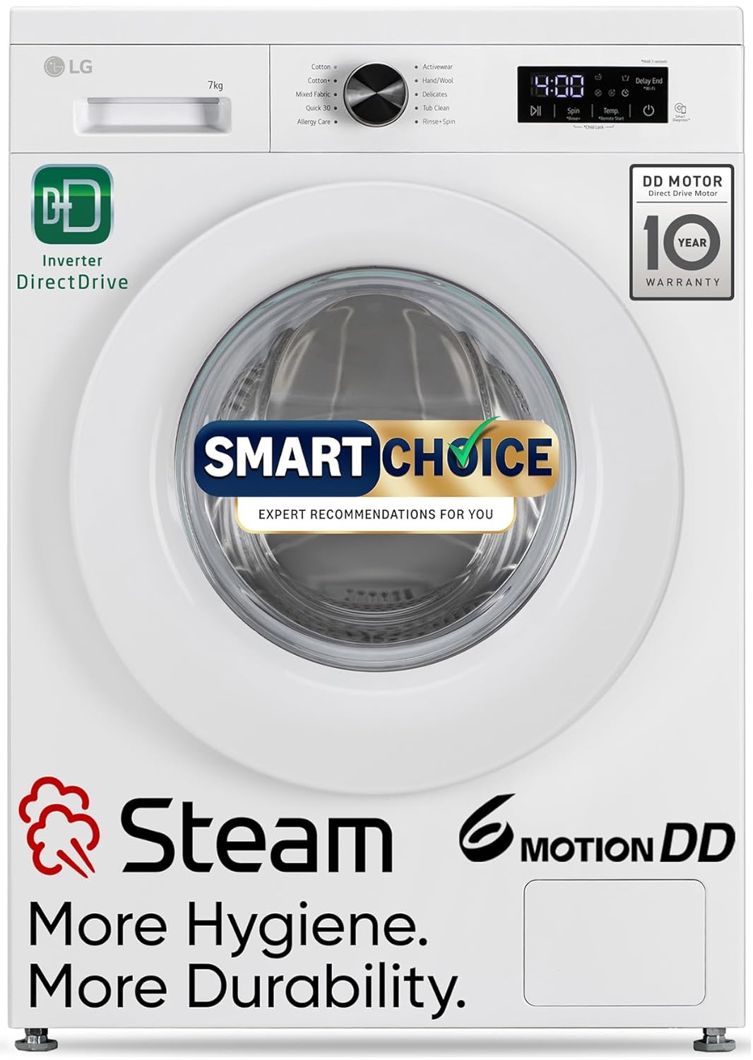 LG Smart Choice, 7 Kg, 5 Star, Steam, Inverter Direct Drive Technology, 6 Motion DD, Fully-Automatic Front Load Washing Machine (FHB1207Z2W, Remove Allergens &amp; Stain, In-Built Heater, Essence White)