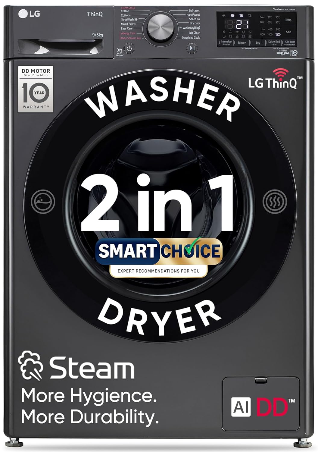 LG Smart Choice, 9 Kg (Wash) / 5 Kg (Dry), Ai Direct Drive Technology, Steam, TurboWash &amp; Wi-Fi Fully Automatic Front Load Washer Dryer (FHD0905SWM, Intelligent &amp; Convenient Fabric Care, Middle Black)