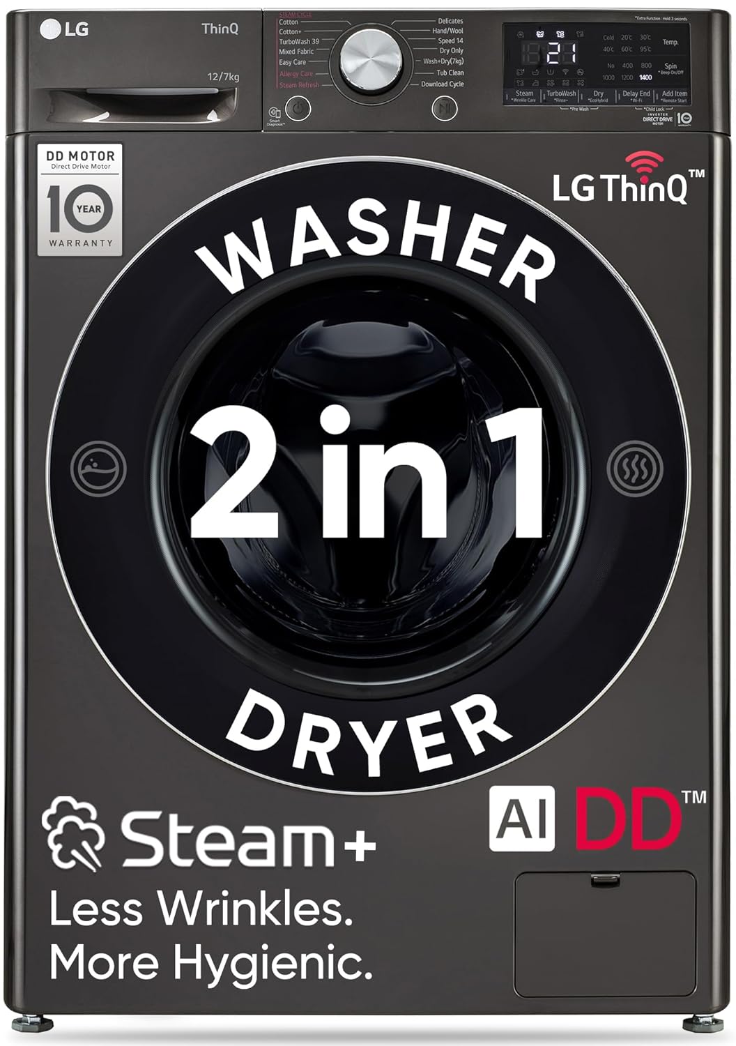 LG 12 Kg (Wash) / 7 Kg (Dry), AI Direct Drive Technology, Steam+ &amp; Wi-Fi Front Load Fully Automatic Washer Dryer (FHD1207STB, Intelligent &amp; Convenient Fabric Care &amp; Turbowash 360, Platinum Black)