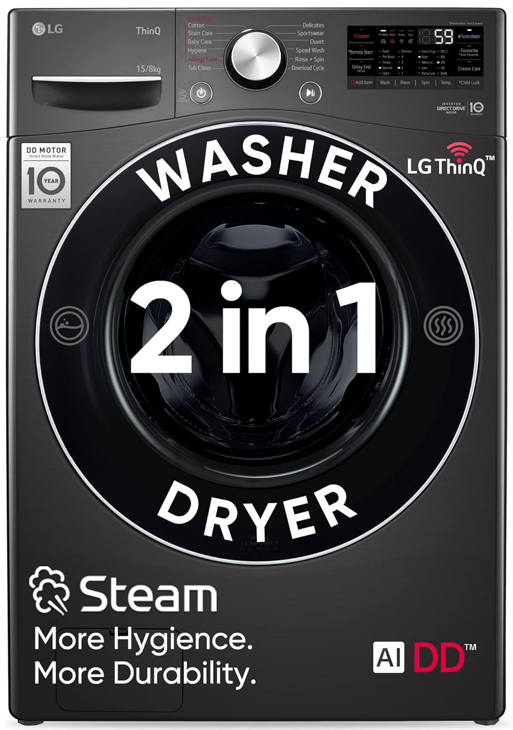 LG 15 Kg (Wash) / 8 Kg (Dry) Ai Direct Drive with Wi-Fi Fully Automatic Front-Loading Washer Dryer (FHD1508STB, With Steam Remove Allergen &amp; TurboWash, Black VCM)