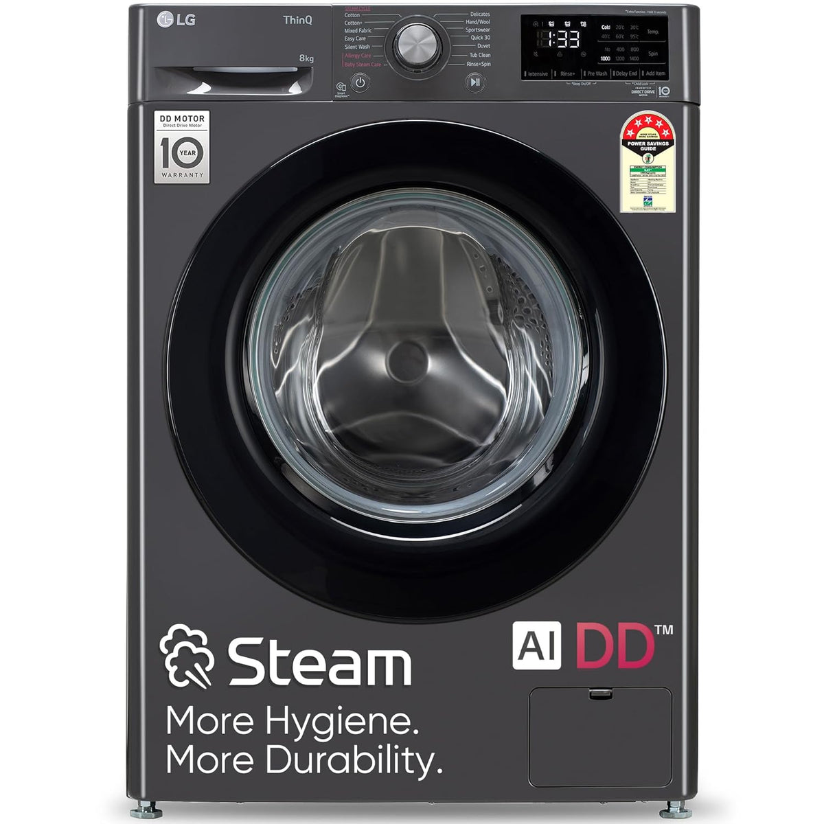 LG 8 Kg, 5 Star, AI Direct Drive Technology, Steam &amp; 6 Motion DD Fully-Automatic Front Load Washing Machine (FHP1208Z3M, Intelligent &amp; Convenient Fabric Care, Allergy Care, Middle Black)